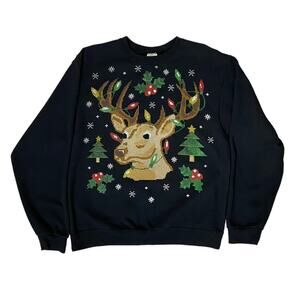 Jerzees NuBlend Ugly Christmas Sweater Reindeer Faux Cross Stitch Sweatshirt Med